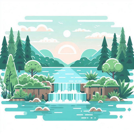 Landscape with river, trees and waterfalls. Vector illustration.のイラスト素材