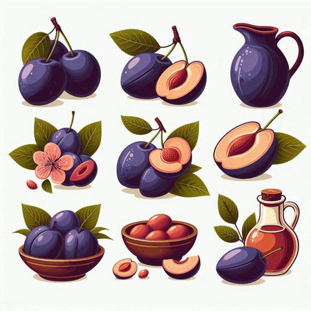 Plum fruits with leaves and oil in a jug. Vector illustration.のイラスト素材