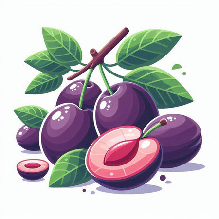 Ripe plums with leaves on white background. Vector illustration.のイラスト素材
