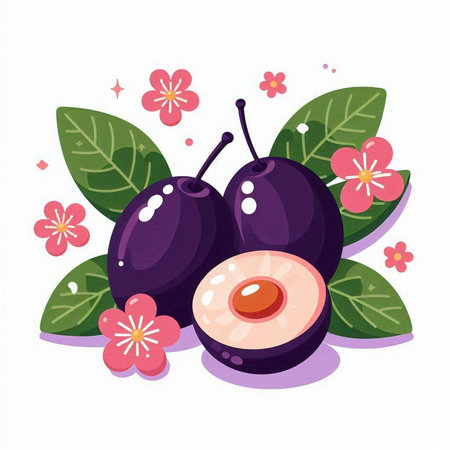 Ripe black plum fruit with leaves and flowers. Vector illustration.のイラスト素材