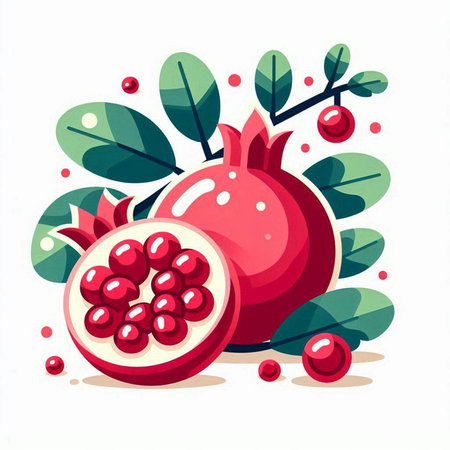 Ripe pomegranate fruit with green leaves on white backgroundのイラスト素材