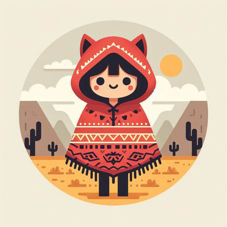 Cute little girl in the desert. Vector illustration in flat styleのイラスト素材