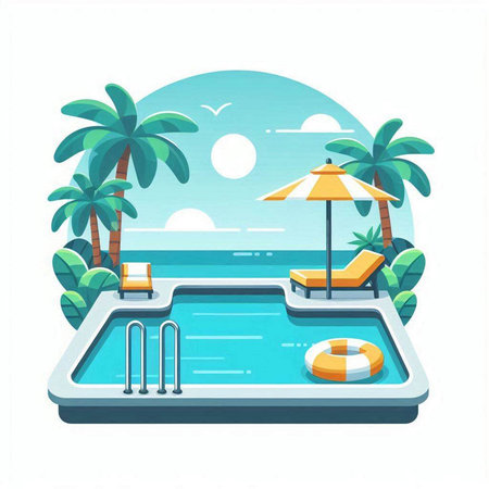 Swimming pool with palm trees, sun loungers and lifebuoy. Vector illustration.のイラスト素材