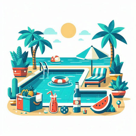 Swimming pool on the beach. Vector illustration in flat style.のイラスト素材
