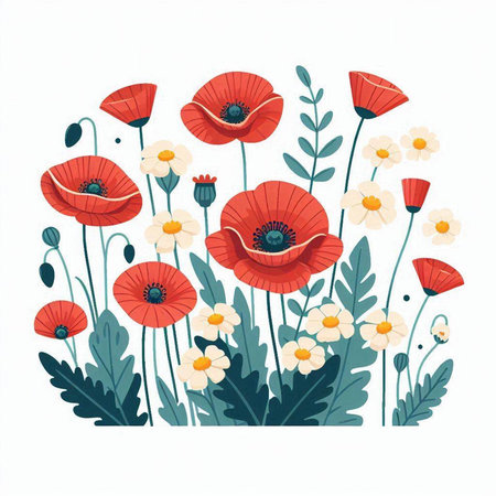 Red poppies and chamomile flowers. Vector illustration.のイラスト素材