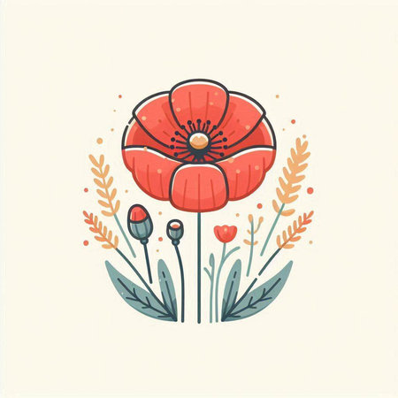 Hand drawn vector abstract floral illustration with poppies and leaves.のイラスト素材