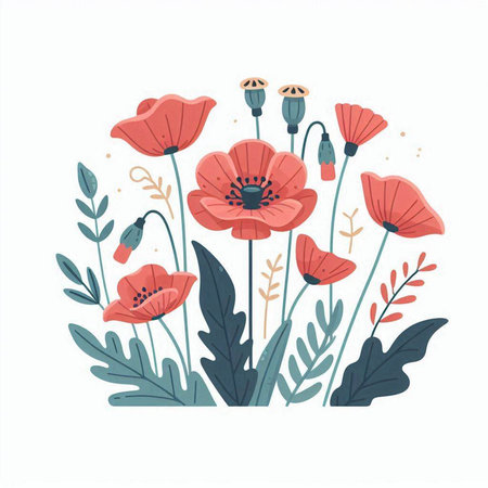 Poppy flowers with leaves. Vector illustration in flat cartoon style.のイラスト素材