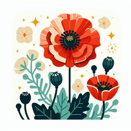 Red poppies on white background. Vector illustration in flat style.のイラスト素材