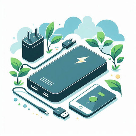 Smartphone charging with power bank on a white background. Vector illustration.のイラスト素材