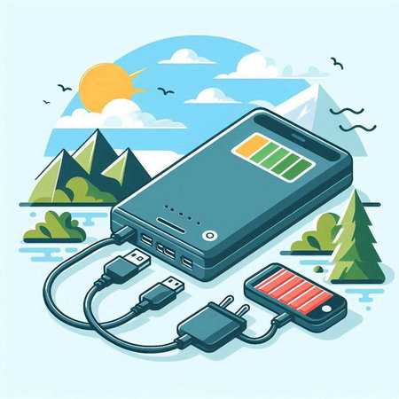 Charging mobile phone on the background of nature. Vector illustration.のイラスト素材
