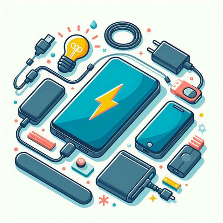 Smartphone charging. Vector illustration in a flat style. Power bank, charger, battery, charger, cable, plug, battery, light bulb.のイラスト素材