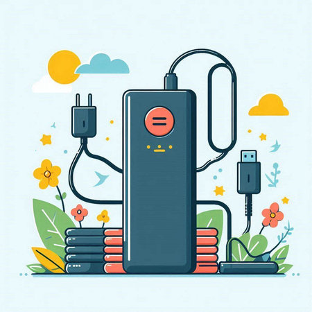 Vector illustration of a power bank on a background of nature. Flat style.のイラスト素材
