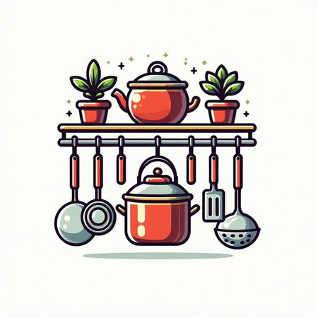Kitchen utensils and pots on the shelf. Vector illustration.のイラスト素材