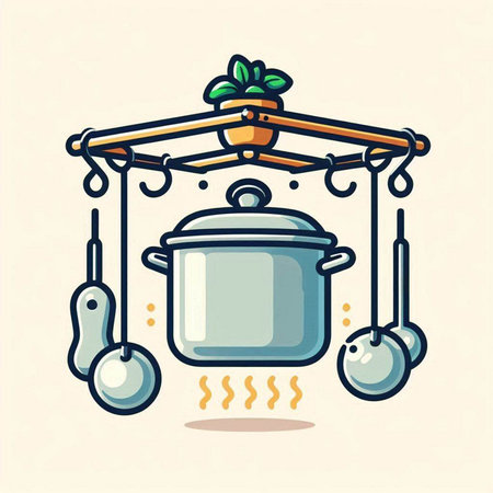 Vector illustration of a cooking pot and kitchen utensils on a hangerのイラスト素材