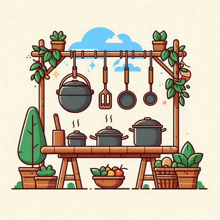 Vector illustration of a wooden picnic table with pots, pans and potsのイラスト素材