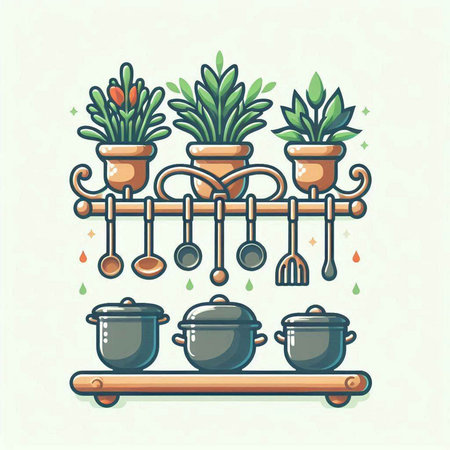 Kitchen utensils and pots with flowers. Vector illustration.のイラスト素材