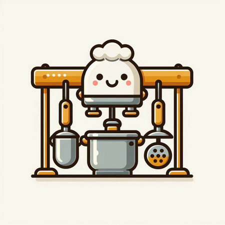 Cute cartoon chef with a pot of food. Vector illustration.のイラスト素材