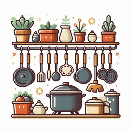 Kitchen tools and utensils on shelf. Vector illustration.のイラスト素材