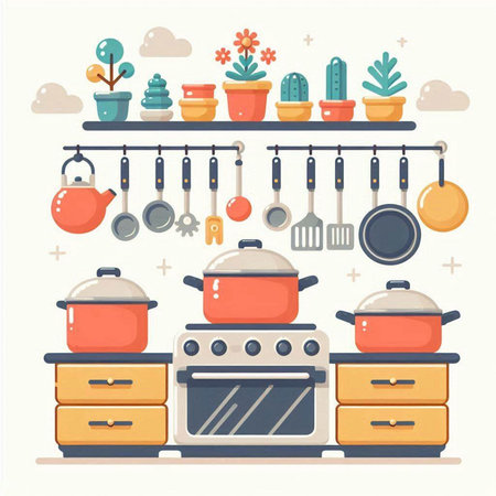 Kitchen utensils on shelves. Vector illustration in flat styleのイラスト素材