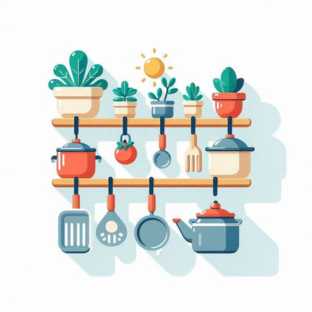 Kitchen utensils on shelf, flat style vector illustration.のイラスト素材