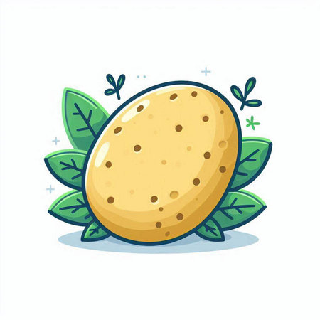 Potato icon with green leaves isolated on white background. Vector illustration.のイラスト素材