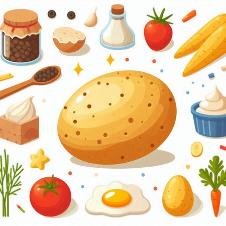 Illustration of a set of different ingredients for cooking on a white backgroundのイラスト素材