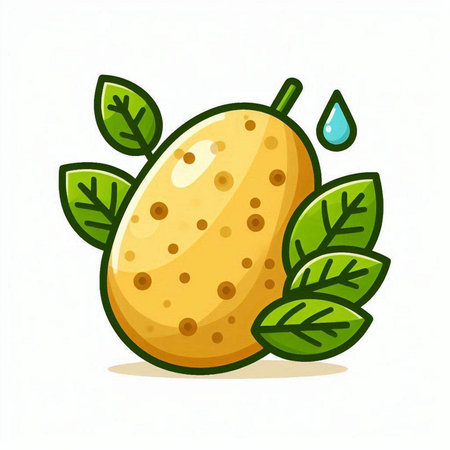 Fresh potato with leafs and drop of water. Vector illustration.のイラスト素材