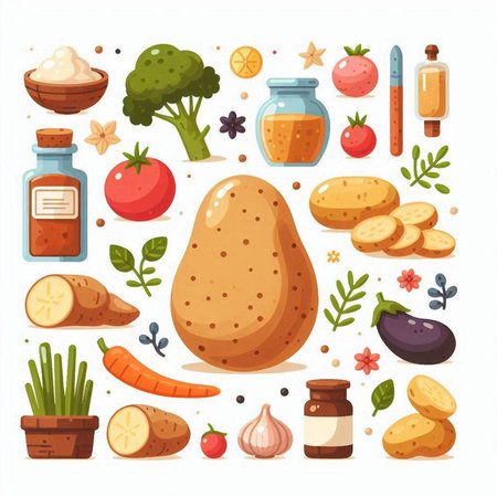 Potatoes, herbs and spices. Vegetarian food. Vector illustrationのイラスト素材