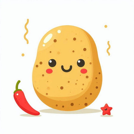 Cute potato character with red hot chili pepper. Vector illustration.のイラスト素材