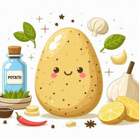 Cute potato character with spices and herbs. Vector illustration for your designのイラスト素材
