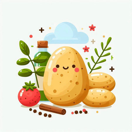 Cute vector illustration of kawaii potato with herbs and spices.のイラスト素材