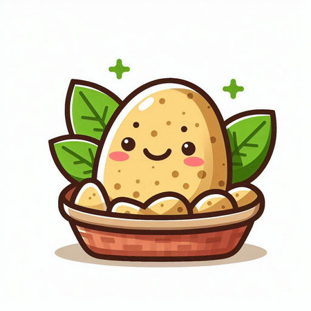 Cute cartoon potato in bowl. Vector illustration isolated on white background.のイラスト素材