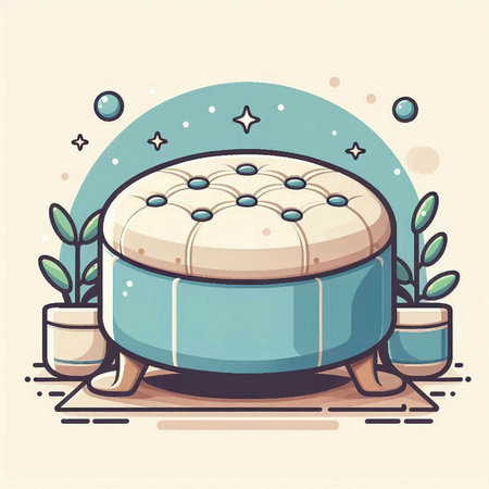 Illustration of a Cartoon Mattress with Blue Pillow and Potsのイラスト素材