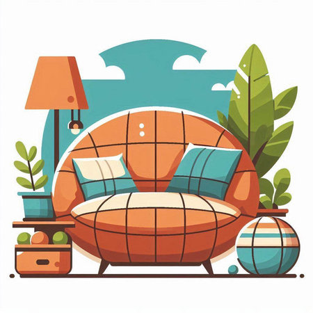 Comfortable sofa with pillows in flat style. Vector illustration.のイラスト素材