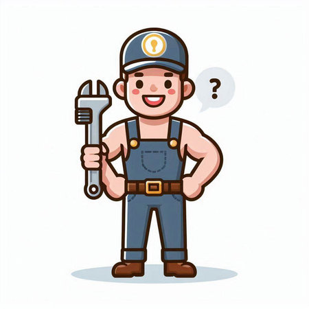 Plumber with wrench and question mark. Vector illustration in cartoon style.のイラスト素材