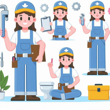 Illustration of a set of women in work overalls with toolsのイラスト素材