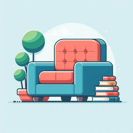 Illustration of a sofa with books on a blue background. Vector illustrationのイラスト素材