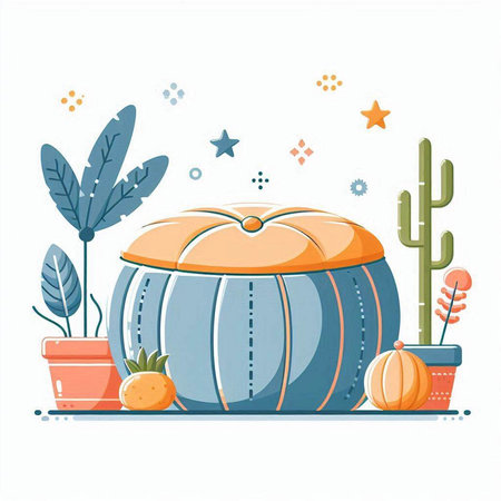 Pumpkin and cacti in pots. Vector illustration.のイラスト素材