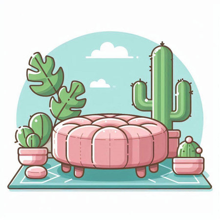Illustration of a Cactus and a Pouf in a Gardenのイラスト素材