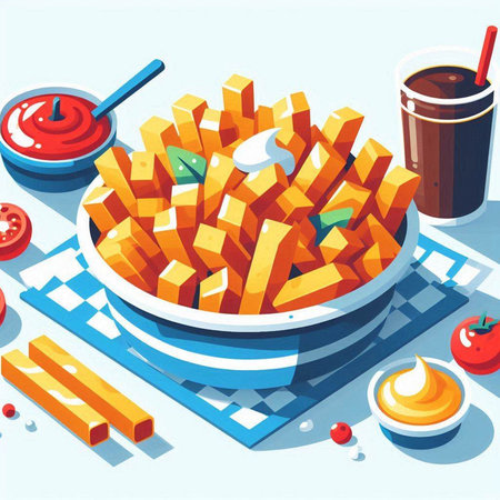 French fries in a bowl on the table. Vector illustration in flat style.のイラスト素材