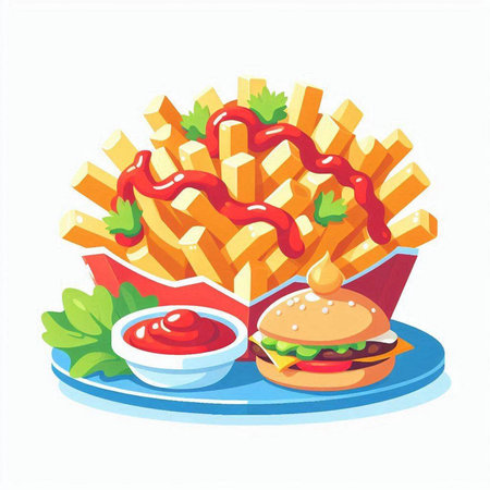 Fast food vector illustration. French fries, hamburger and ketchup.のイラスト素材