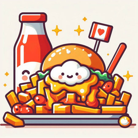 Fast food vector illustration. Burger, french fries and ketchup.のイラスト素材