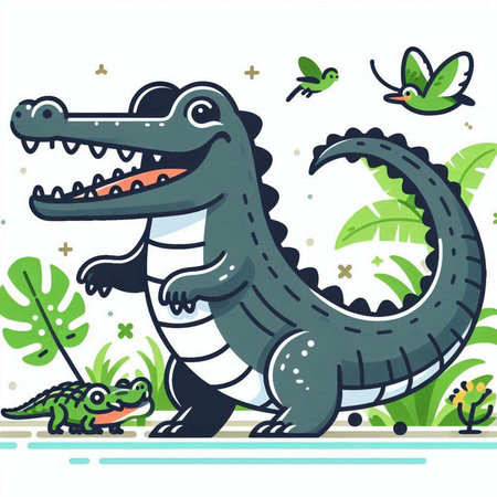 Crocodile on the background of tropical plants. Vector illustrationのイラスト素材