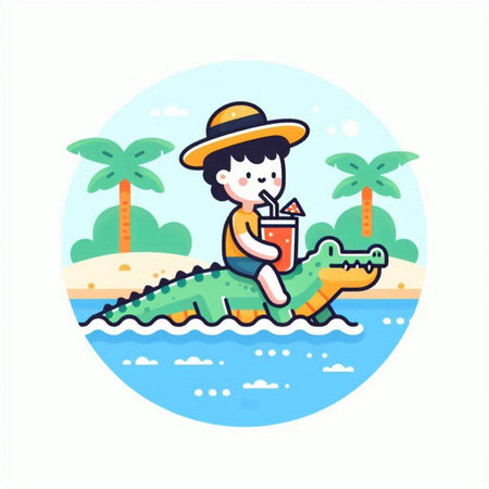 Crocodile boy drink juice in summer flat vector illustration.のイラスト素材