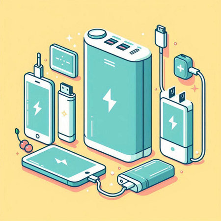 Smartphone charging with power bank. Vector illustration in isometric styleのイラスト素材