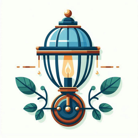 Lantern with green leaves. Vector illustration in flat style.のイラスト素材