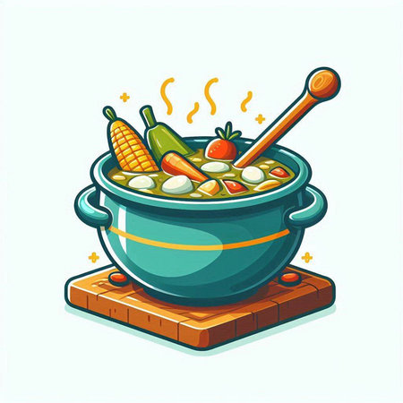 Vector illustration of soup in a pot with a spoon on a wooden board.のイラスト素材