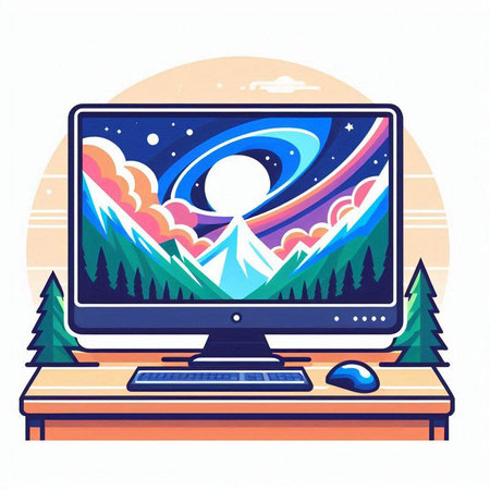 Vector illustration of a stylized image of a landscape with a mountain, trees and a computer monitorのイラスト素材