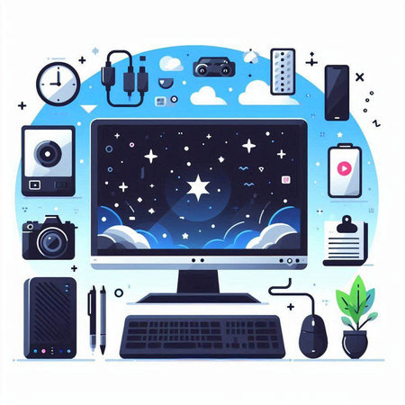Vector illustration of a flat design of a desktop with a computer, laptop, mobile phone, headphones, camera, mouse, keyboard and other things on a white background.のイラスト素材