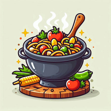Illustration of a bowl of pasta with vegetables. Vector illustration.のイラスト素材